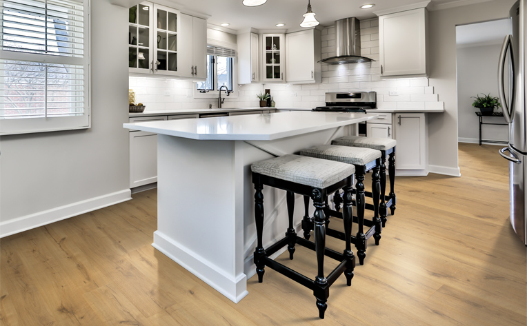 wood look laminate flooring in kitchen.